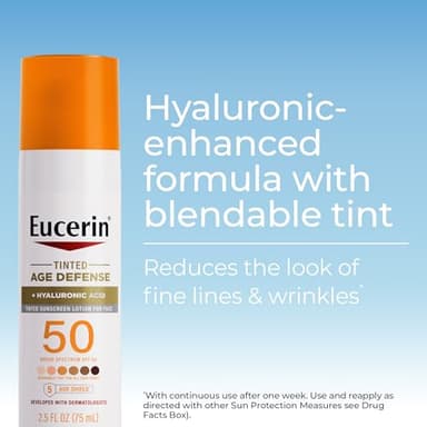 Eucerin Sun Tinted Age Defense Face Sunscreen Lotion SPF 50 with Hyaluronic Acid, Tinted Sunscreen for Face, Blendable Tint for All Skin Tones, Non Comedogenic and Hypoallergenic, 2.5 Fl Oz Bottle - Image 2
