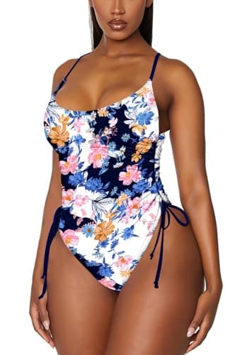 Viottiset Women's Drawstring One Piece Swimsuit Tummy Control High Cut Cheeky Bathing Suit Blue Printed Pattern 2XL - Image 1
