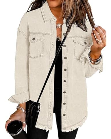 Vetinee Women's Oversized Boyfriend Cannoli Cream Front Button Up Frayed Raw Hem Long Sleeve Pockets Denim Jean Jacket Shacket Large Size 12 Size 14 - Image 1