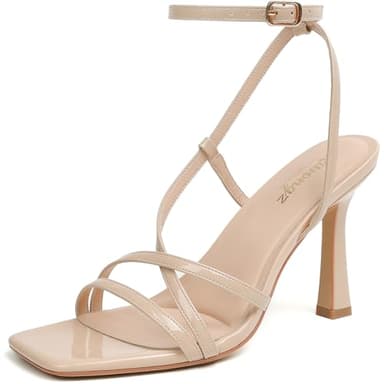 RIBONGZ Nude Patent Strappy Stiletto Heels Square Open Toe Kitten High Heels Ankle Strap Sexy Heeled Sandals for Women Wedding Bride Party Prom Dress Shoes 7 - Image 1