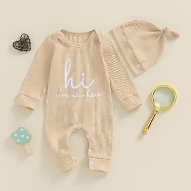 aporake Baby Boy Girl Clothes Hi I'm New Here Newborn Outfit One Piece Romper Bodysuit Jumpsuit+hat Newborn Hospital Outfit (Beige, 6-12 Months) - Image 3