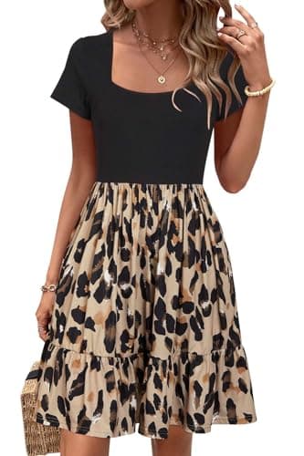 Newshows Summer Work Dresses for Women 2025 Short Sleeve Square Neck Modest Teacher Outfits Dresses Casual Beach Church Funeral A-Line Ruffle Sundress Trendy with Pockets(Leopard Black Floral,M) - Image 1
