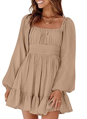 Dokotoo Beach Vacation Clothes for Women 2025 Square Neck Tie Backless Sexy Dresses Lantern Long Sleeve Summer Outifits Ruffle A-Line Beach Dress Casual Elastic Waist Mini Dress Large Khaki - Image 1