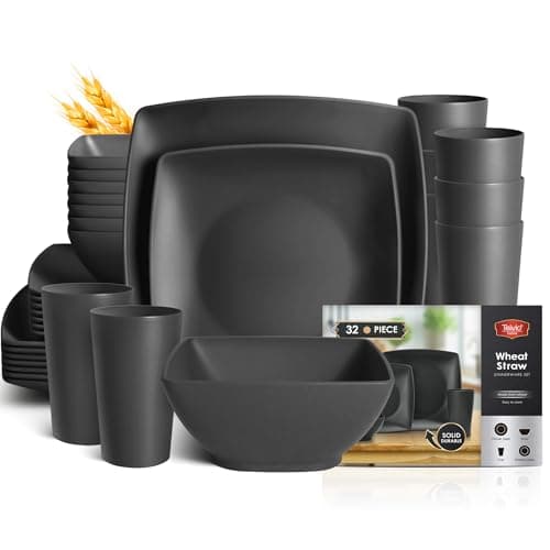 Teivio 32-piece Plastic Wheat Straw Square Dinnerware Set for 8, Unbreakable Dinner Plates, Salad Plates, Snack Bowls, Tumblers, Dishwasher Safe, Black - Image 1
