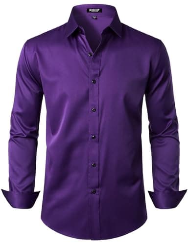 JEMITOP Men's Stretch Wrinkle Free Dress Shirts Formal Wedding Prom Long Sleeve Button Down Shirt Purple XL - Image 1