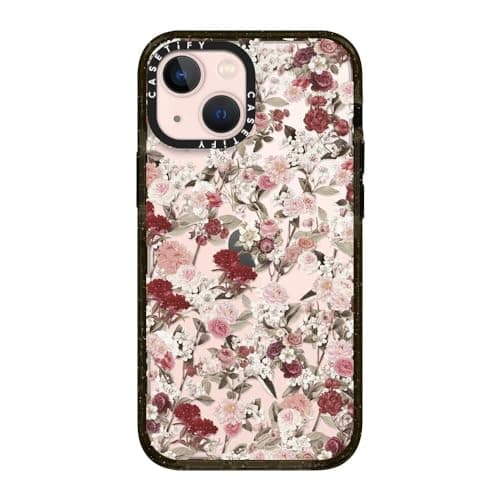 CASETiFY Impact Case for iPhone 13 Mini [Slim / 8.2 ft. 4X Military Grade Drop Protection/Wireless Charging Compatible] - Vintage Flower Monday - Clear Black - Image 1