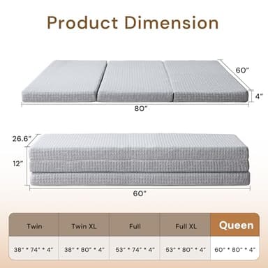 Foldable Mattress, 4 Inch Memory Foam Guest Floor Mat, Tri Folding Portable Mattress for Toddlers and Adults, Washable Cover, Non-Slip Design, Queen Grey (Size: 60" L x 80" W x 4" Th) - Image 2