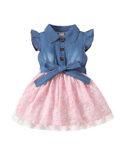 Toddler Girl Clothes 2T 3T Summer Outfit Girls Denim Tulle Dress Princess Ruffle Short Sleeve Tutu Prom Sundress Cute Toddler Pink Floral Dresses - Image 1
