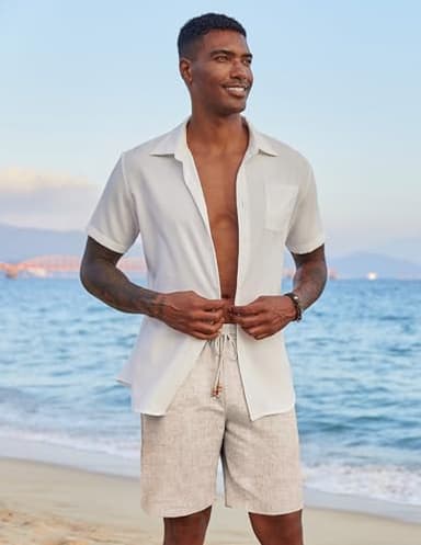 COOFANDY Mens Casual Elastic Waist Shorts Linen Summer Beach 9 Inch Inseam Stretch Waistband Shorts, Khaki, X-Large - Image 3