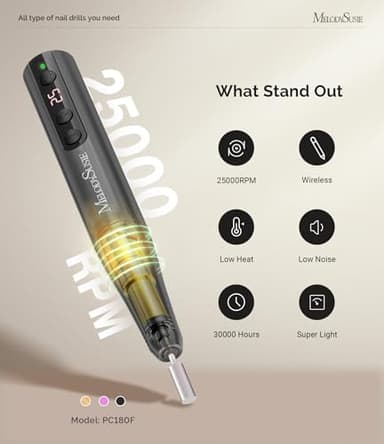 MelodySusie Cordless Electric Nail Drill Machine 11 in 1 Kit,PC180F 25000RPM Portable Rechargeable Nail Efile Set for Acrylic Gel Dip Powder Nails, 25 Speeds Manicure Pedicure Polishing Shape Tools - Image 4