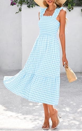 PRETTYGARDEN Women's Summer Dress Casual Square Neck Ruffle Strap Gingham Smocked Midi Flowy A Line Beach Vacation Sun Dresses 2025 (Light Blue, S) - Image 5