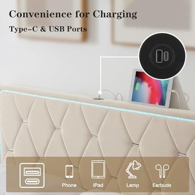 VECELO Upholstered Queen Bed Frame with Headboard Adjustable, Velvet Platform Beds with LED Lights, Charging Station, Mattress Foundation with Wooden Slats, Noise Free, No Box Spring Needed, Soft Grey - Image 4