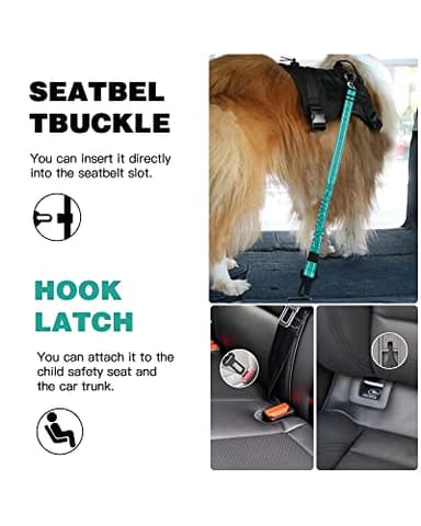 AUBELL Dog Seat Belt for Car,2 Pack Set 3-in-1 Adjustable Reflective Bungee Heavy Duty Dog Car Harness Tether with Clip Hook Latch & Buckle,Swivel Zinc Alloy Carabiner,Black+Teal - Image 9