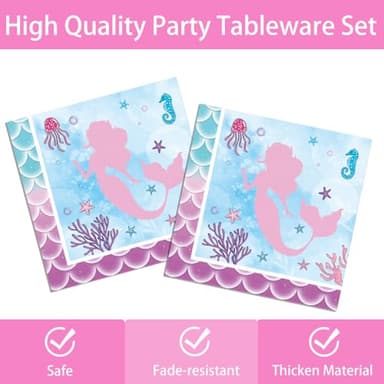 170pcs Mermaid Birthday Party Supplies Mermaid Party Decorations Includes Paper Plates Napkins Tablecloth Banner Cups Banner Forks for Baby Shower Ocean Birthday Party Decorations Serve 24 - Image 4