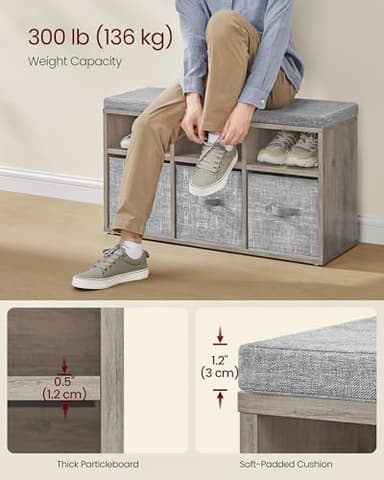 VASAGLE Shoe Bench with Cushion, Shoe Storage Bench with 6 Compartments and 3 Adjustable Shelves, Entryway Bench with 3 Storage Boxes, for Bedroom, Closet, Living Room, Heather Greige ULSB101K01 - Image 5
