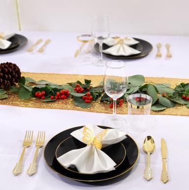 Nervure 100PCS Black and Gold Plastic Plates - 10.25 inch Black Disposable Plates - Gold Rim Dinner Plate - Black Dinner Plate Ideal for Wedding & Party & Halloween - Image 9