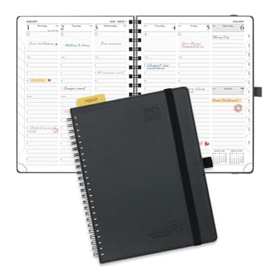 POPRUN Planner 2025-2026 (Medium - 6.5'' x 8.5'') Academic Weekly Calendar (July 2025 - June 2026) with Hourly Time Slots, Monthly Tabs, 100GSM Thick Papers, Spiral Leather Cover - Black - Image 1