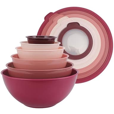 COOK WITH COLOR Mixing Bowls with TPR Lids - 12 Piece Plastic Nesting Bowls Set includes 6 Prep Bowls and 6 Lids, Microwave Safe (Rose) - Image 1