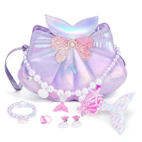Belle&Birdie Little Girl Purse with Seashell Toys, Toddler Purse with Pretend Play Toys, 6 Pcs Dress Up Jewelry Accessories for Girls, Kids, Toddler - Image 1