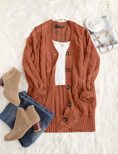 MEROKEETY Women's 2025 Fall Long Sleeve Cable Knit Cardigan Sweater Open Front Button Loose Outerwear Rust - Image 5