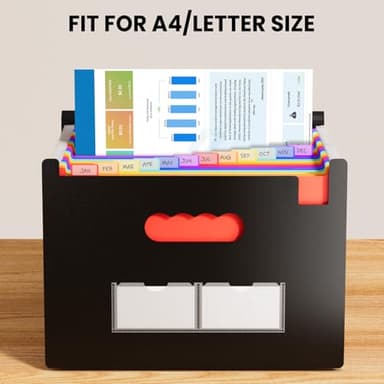 Sooez 24 Pockets Expanding File Folder with Blank Labels, According File Organizer with Expandable Cover, Desktop Accordion Folders Letter A4 Paper Document Storage Organizer, Black - Image 3