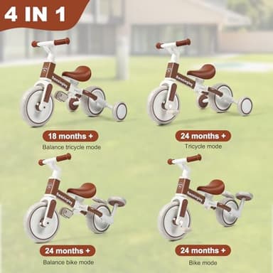 4 in 1 Toddler Tricycle for 2-5 Year Olds Kids Trike 3 Year Old Tricycle Toddlers Boys Girls Gift Trike Toddler Tricycle 1-3 Kids Trikes 3-5 Removable Pedal Adjustable Seat Brown - Image 3
