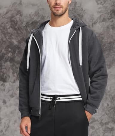 Little Beauty Fleece Hoodies for Men Winter Thick Jackets Sherpa Lined Zip Up Sweatshirt With Kanga Pocket Dark Grey - Image 6