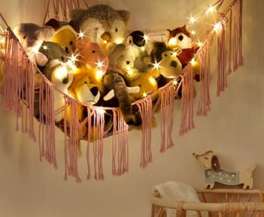Stuffed Animal Hammock Corner Net with LED Light - Toy Storage Holder - Pink Cute Room Bedroom Decor for Teen Girls - Cute Bedroom Aesthetic Stuff for Baby Nursery Toddler Kids 8-10 - 12 Years Old - Image 3