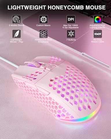 SOLAKAKA SM900 Pink Wired Gaming Mouse with Honeycomb Shell,12800 DPI,7 Programmable Buttons,Lightweight Gaming Mice Ergonomic Computer Mouse Gaming for Windows/PC/Mac/Laptop Gamer - Image 2
