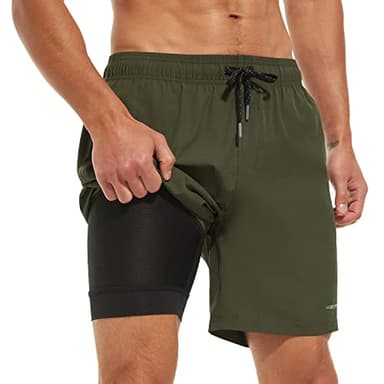 HODOSPORTS Mens Swimsuit Trunks 7" Quick-Dry Swim Shorts with Compression Liner and Zipper Pockets (Small,Army Green) - Image 1