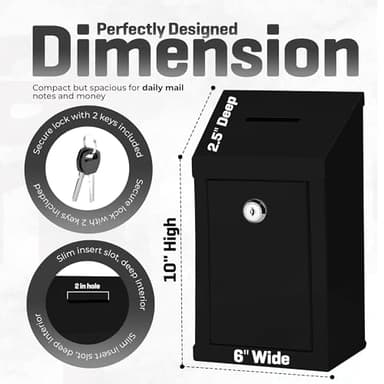 Metal Donation Box-Suggestion Box with Slot and lock-Cash Lock box for Money-Secure Drop Box-Comment and ballot voting box-comes with pre-drilled holes for easy wall mounting 10 X 6 X 2.5"(Black) - Image 3