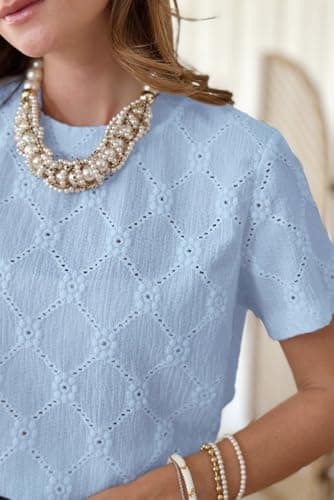 Dokotoo Womens Spring Tops for Women 2025 Trendy Dressy Casual Eyelet Embroidery Hollow Out Lace Crochet Short Sleeve Shirts for Women Summer Loose Blouse Tunic Top Tee T Shirt for Work Sky Blue M - Image 5