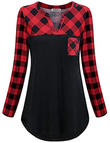 MOQIVGI Misses Tops 3/4 Sleeve,Buffalo Plaid Shirts Womens V Neck Stylish Dressy Office Casual Career Blouses Soft Lightweight Splicing Colorblock Shirttail Tunics Red Black Medium - Image 2