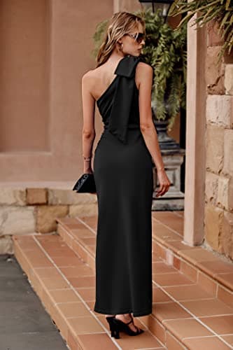PRETTYGARDEN Women's Summer One Shoulder Long Formal Dresses Sleeveless Ruched Bodycon Wedding Guest Slit Maxi Dress (Black,Medium) - Image 5