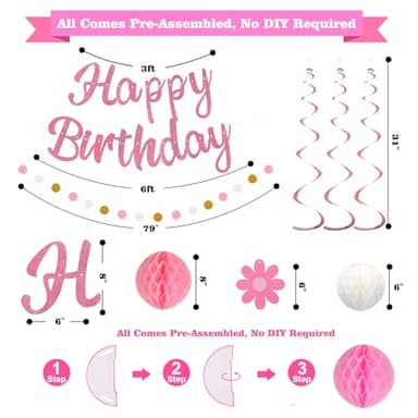 YEOCU Birthday Decorations, NO DIY, Pre-Strung Happy Birthday Banner with Honeycomb Balls, Hanging Swirls, Circle Dots Garland, Happy Birthday Party Decorations for Women Men Boys Girls (Pink) - Image 7