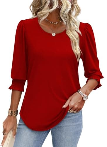 XIEERDUO 3/4 Length Sleeve Womens Tops Blouses for Women Dressy Casual Womens Short Sleeve Tops Red L - Image 2