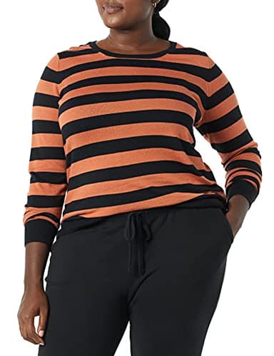 Amazon Essentials Women's Long-Sleeve Lightweight Crewneck Sweater (Available in Plus Size), Black Caramel Rugby Stripe, X-Large - Image 4