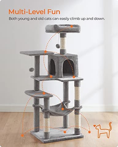 Feandrea Cat Tree, 56.3-Inch Cat Tower for Indoor Cats, Multi-Level Cat Condo with 4 Scratching Posts, 2 Perches, Hammock, Cave, Light Gray UPCT161W01 - Image 3
