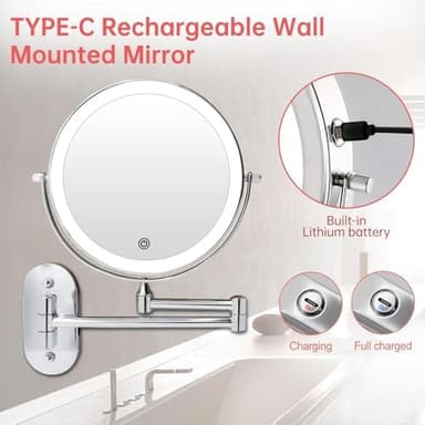 Rechargeable Wall Mounted Lighted Makeup Vanity Mirror 8 Inch Double Sided 1X 10X Magnifying Bathroom Mirror, 3 Color Lighting, Touch Screen Dimming, Extended Arm 360 Rotation Shaving Light up Mirror - Image 4