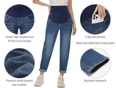 POSHGLAM Women's Maternity Jeans Over Belly Comfy Stretch Boyfriend Jeans Loose Pregnancy Pants(Dark Blue, Medium) - Image 2