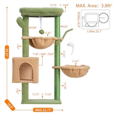 Heybly Cat Tree, 39.4 Inches Cactus Tower Condo with Scratching Post, Cat Tower for Indoor Cats, Fully Wrapped Sisal Pole, Soft Platform, 2 Baskets and Dangling Toy, Green and Yellow HCT006SGY - Image 5