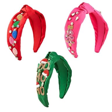Mud Pie Women Holiday Beaded Headband, Green, outer width 3" | knot height 1 1/4" - Image 2