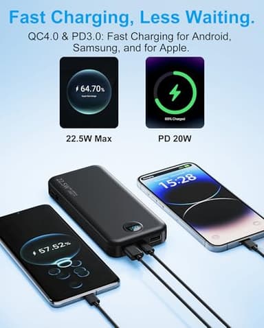 Portable Charger, 12000mAh 22.5W Type C Fast Charging Power Bank with Built-in Cables & Wall Plug, External Battery Bank with LED Display, Travel Essential Battery Pack for iPhone, iPad, Samsung Black - Image 5
