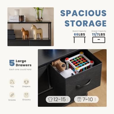 DUMOS TV Stand Dresser for Bedroom with 5 Fabric Drawer,Entertainment Center for 45 inch Television, Media Console Table with Storage, Open Shelf, Adjustable Feet, Living Room Furniture, Black - Image 4