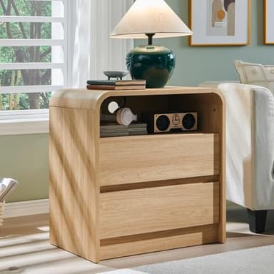 Aitjunz 25" Tall Modern Nightstand Set of 2, 23.6'' Wide Wood Bedside Table w/2 Storage Drawers, Charging Station, Mid Century End Table for Bedroom, Living Room,Curved Profile Design, Natural Oak - Image 2