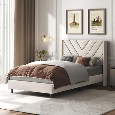 Yaheetech Twin Bed Frame Upholstered Platform Bed with Wing Side/Wooden Slat Support/Tufted Headboard with Wing Side/Mattress Foundation/No Box Spring Needed,Beige Twin Bed - Image 3