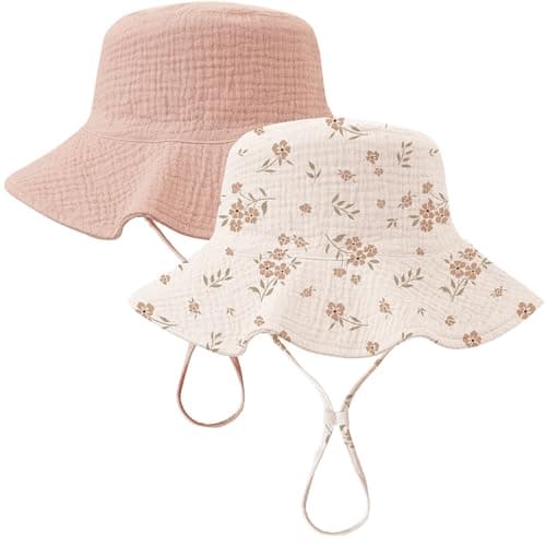 Konssy 2 Pack Muslin Baby Sun Hat UPF 50+ Sun Protection Baby Bucket Hat Summer Beach Hats with Wide Brim for Boys & Girls - Image 1