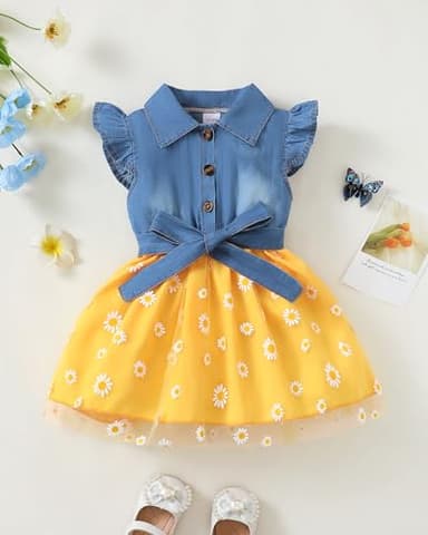 Toddler Girl Denim Tulle Dresses 3T 4T Girl Clothes Summer Outfit Toddler Yellow Short Sleeve Prom Dress Ruffle Party Swing Sundress 3 4 Year Old - Image 6
