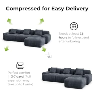 LIKIMIO 118" Modern L-Shaped Modular Sectional Sofa for Living Room, Corduroy Upholstery Charcoal Blue, Oversized 3-Seater Couch with Deep Seat and Movable Ottoman – No Assembly - Image 7