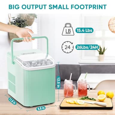 Sweetcrispy Countertop Ice Maker with Scoop, Basket and Handle, 9 Ice Cubes Machine Ready in 6 Mins, 26.5lbs in 24Hrs, 2 Sizes for Home Kitchen Office Bar Party, Elegant Green - Image 2